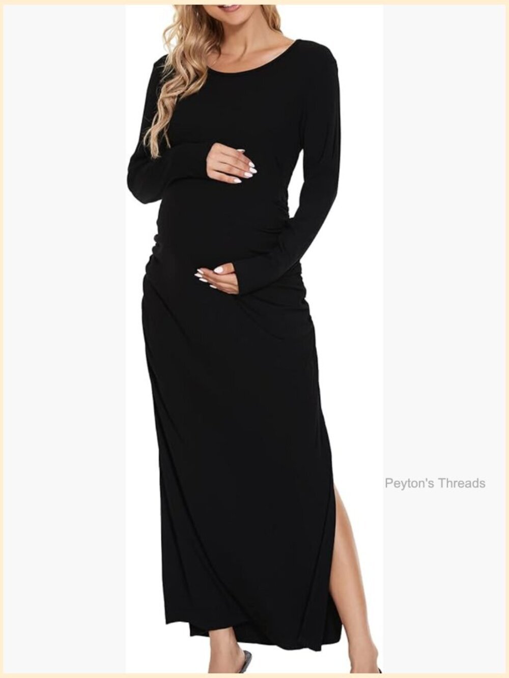 Long Sleeve Ruched Maternity Dress with Split Hem Buttery Soft